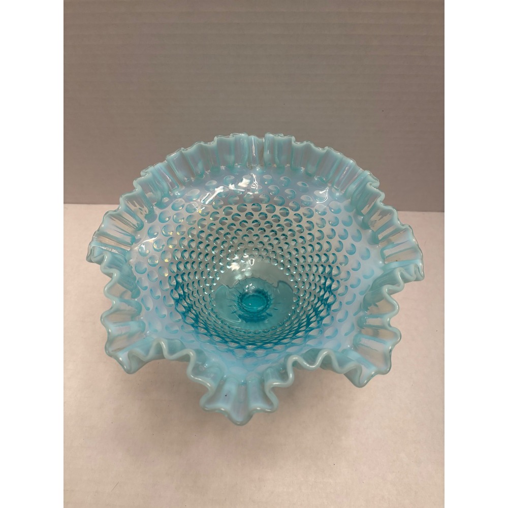 Fenton Blue Opalescent Hobnail Glass Ruffled Compote Pedestal Candy Dish 8" - Picture 3 of 6